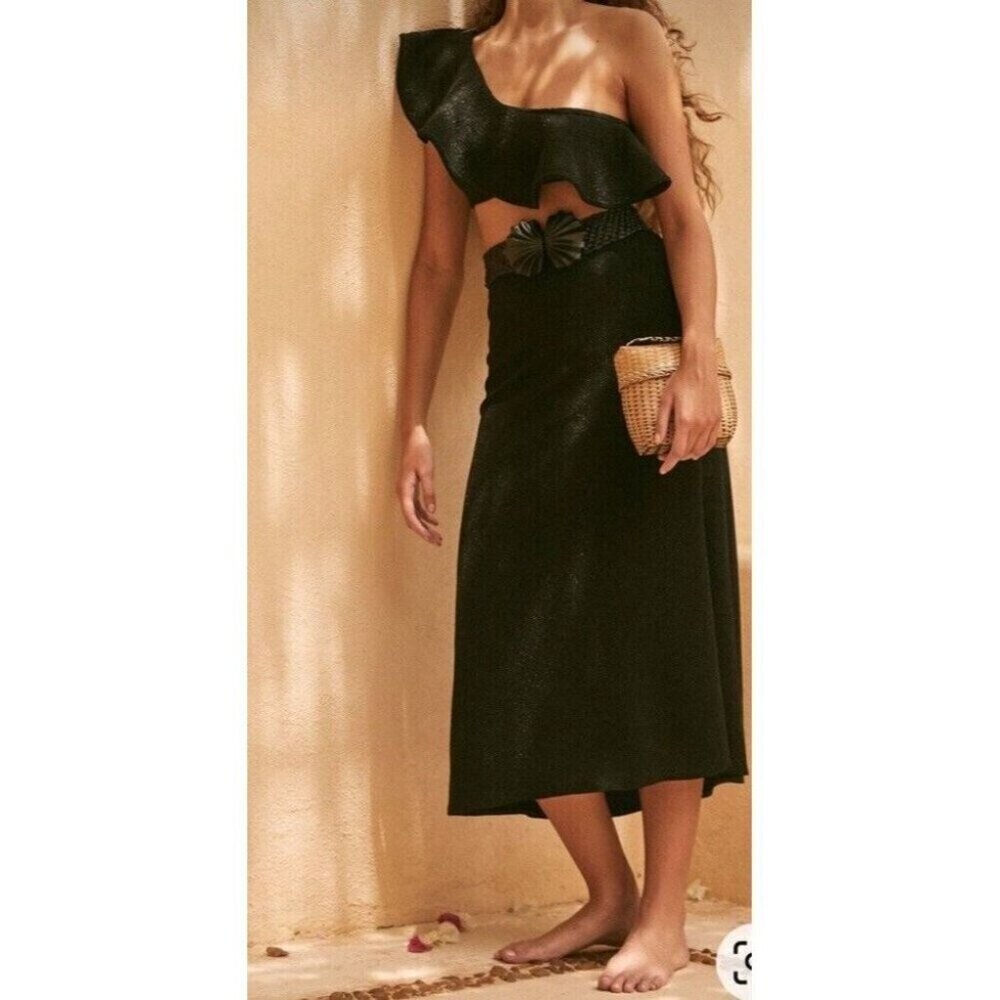 Johanna Ortiz Sz 0 Skirt Midi Black Silver Metallic Minimalist Retro Luxury New